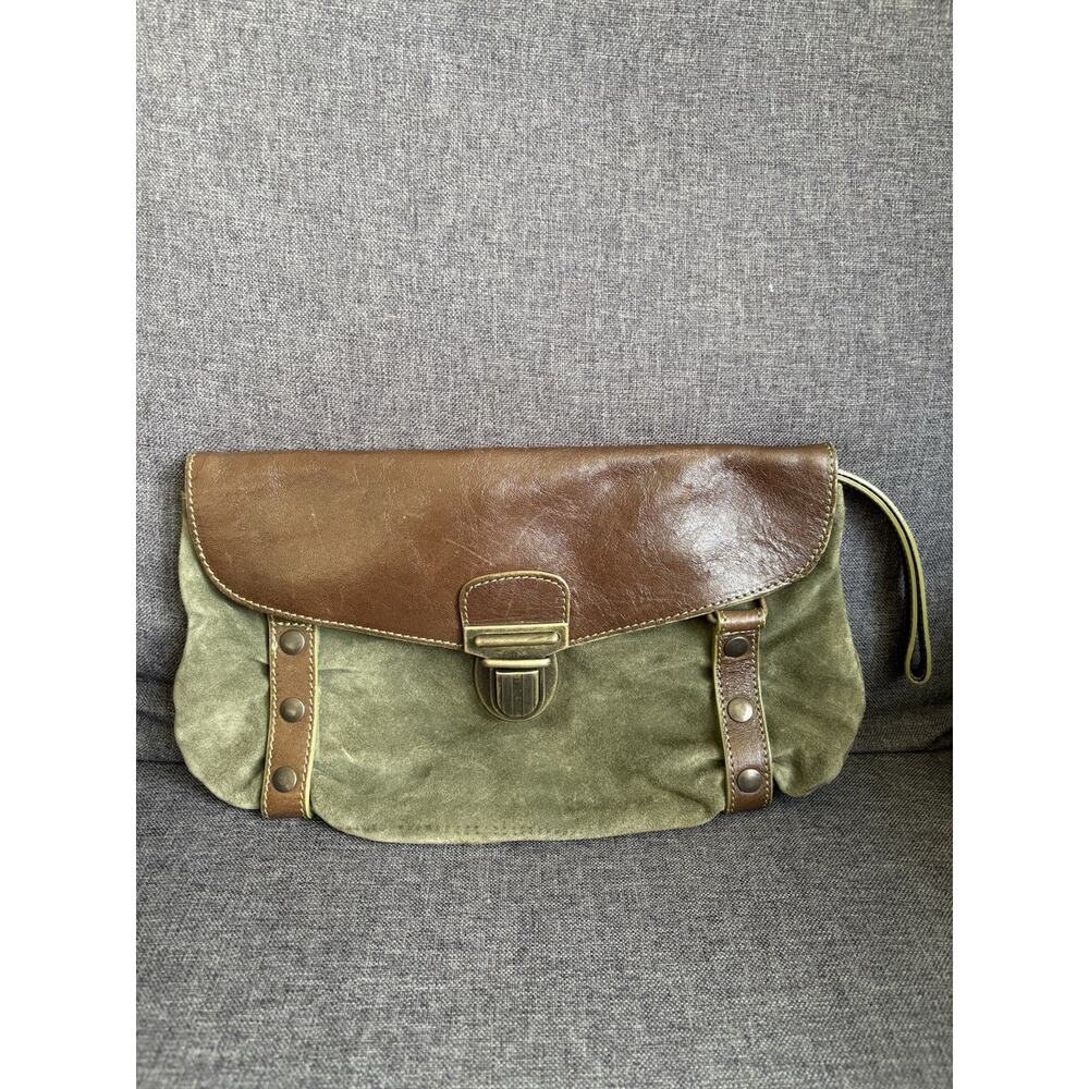 Claudia Firenze Green Suede‎ Brown Leather Clutch Purse Hand Bag Italy Wristlet